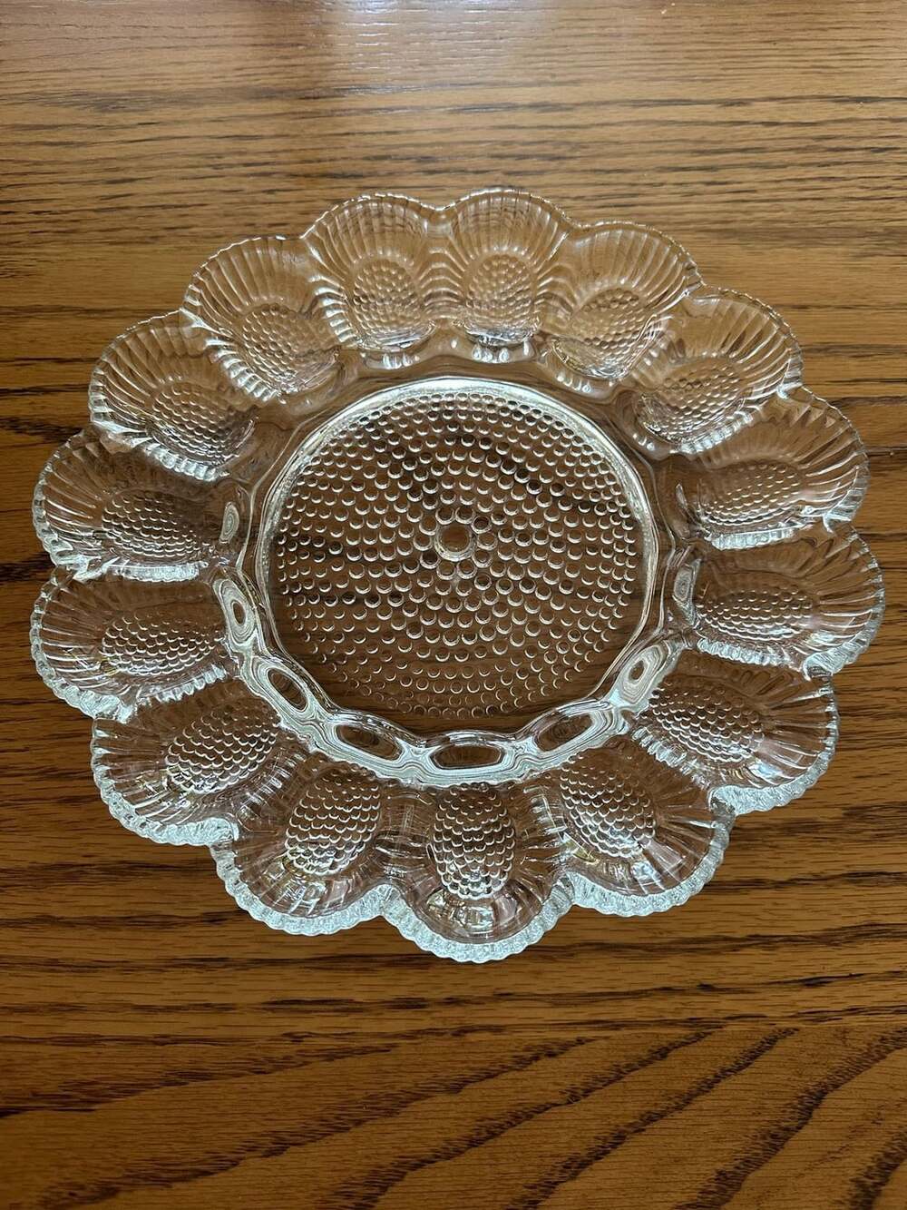 Vintage Indiana Clear Glass Hobnail Deviled Egg Plate 11" Round Scalloped